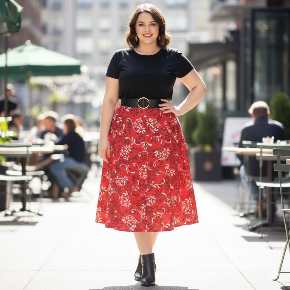 Vintage CJ Banks Floral Midi Skirt Womens sz 22W Red Cottage Office Flowy Twirl